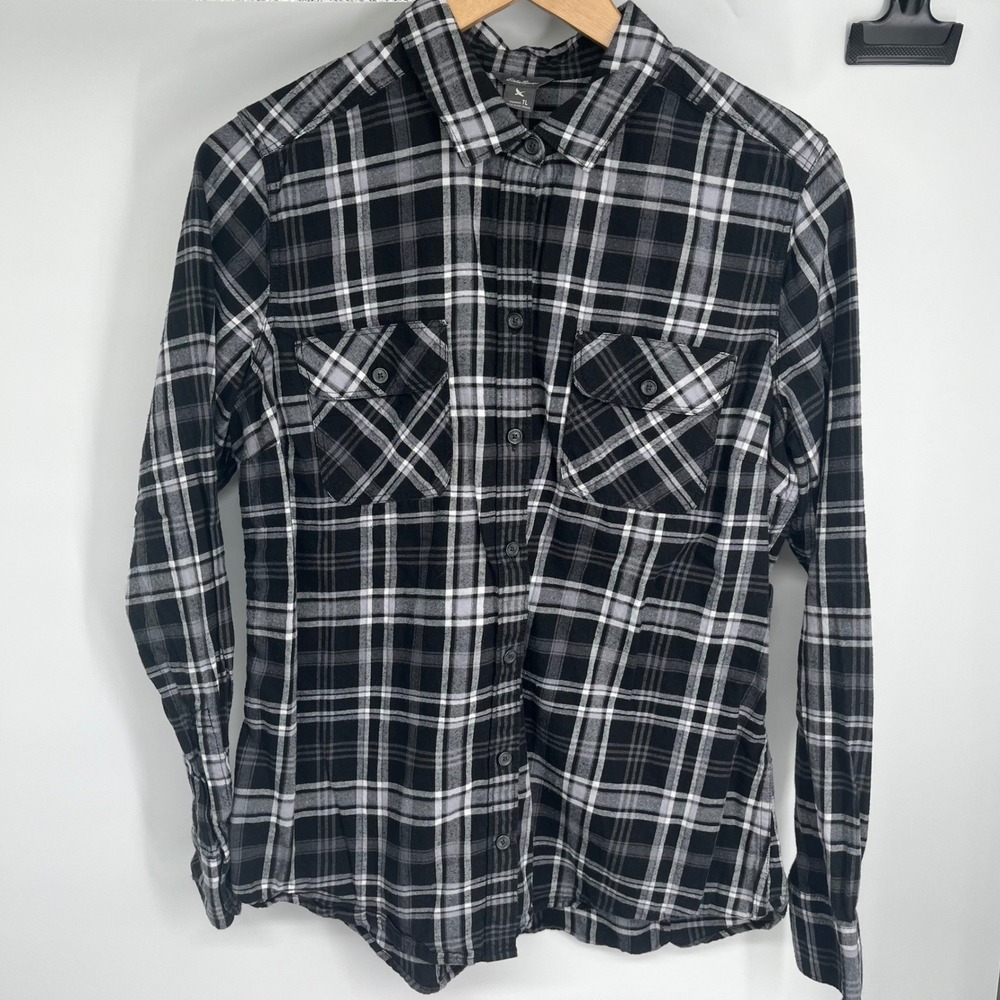 Eddie Bauer Womens Black White Plaid Flannel Button Up Shirt Tall Large Cotton